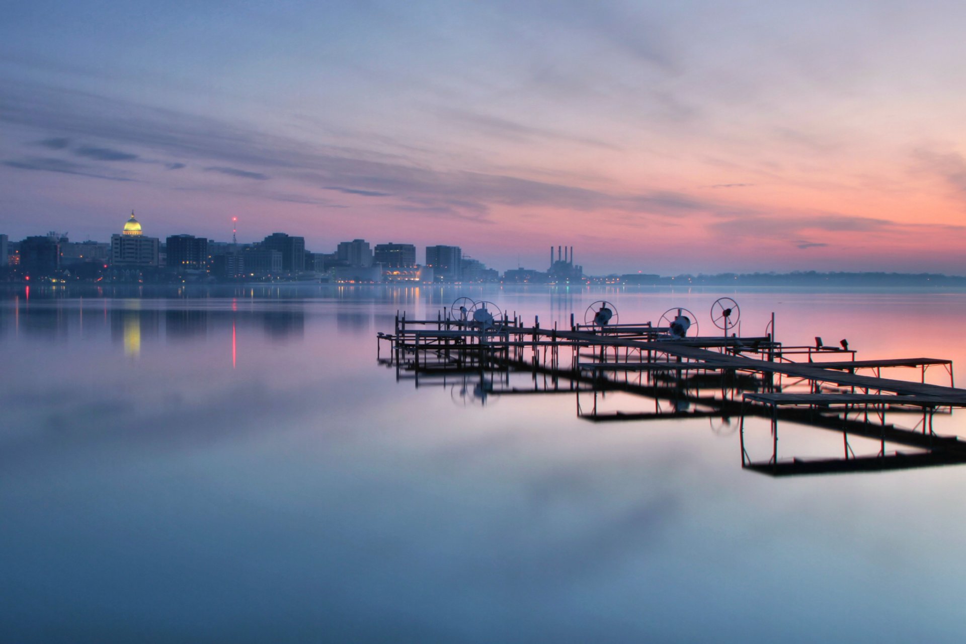 états-unis wisconsin ville madison lac soirée coucher de soleil ciel nuages réflexion