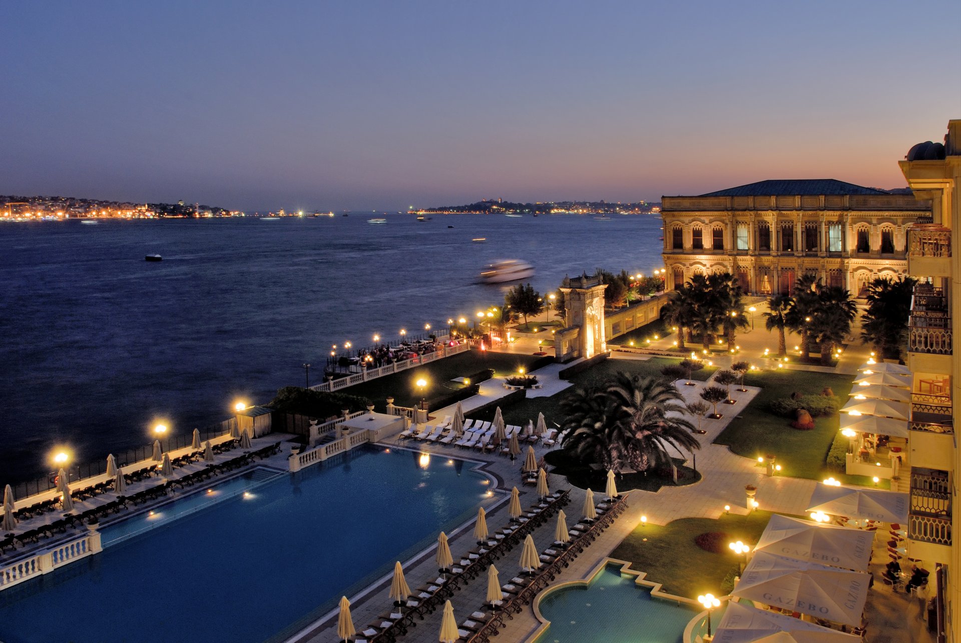 istanbul kempinski hotel night sea bosporus pool turkey