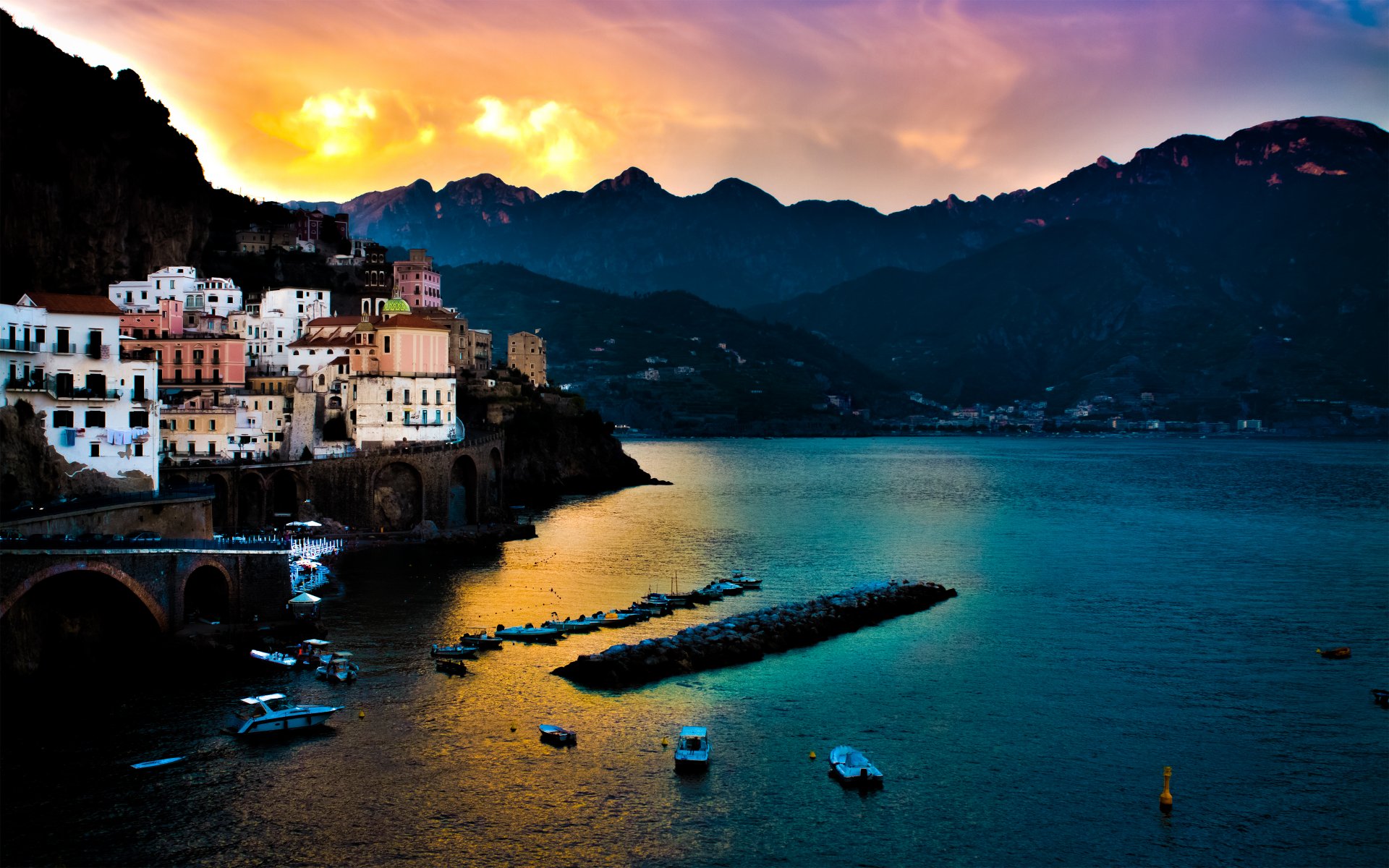 tyrrhenian sea italian amalfi italy sea mountain sunset