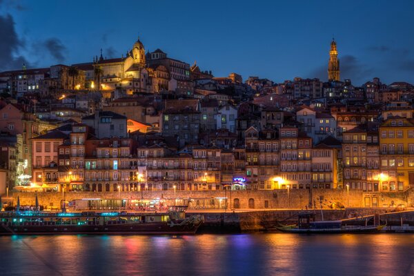 The city in lights on the coast in the evening