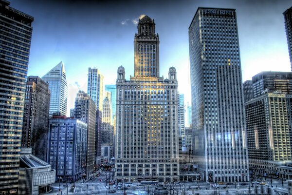 Die Wolkenkratzer der Stadt Illinois im Schnee