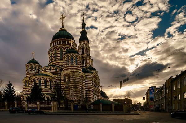 Evening cathedral on the background of beautiful clouds