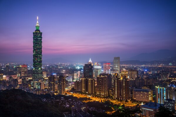 Buildings in the evening of the city of China reflected in the purple sky