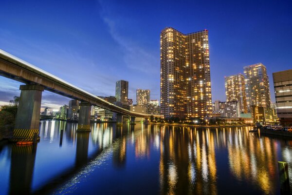 Megapolis capital bridge river high-rise buildings, buildings, evening