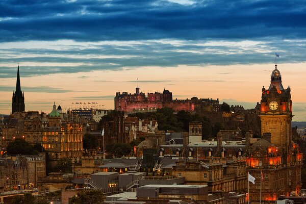 Twilight Edinburgh in the lights of the streets