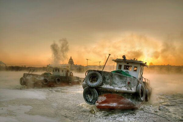 Peter. Frozen tugs on the Neva