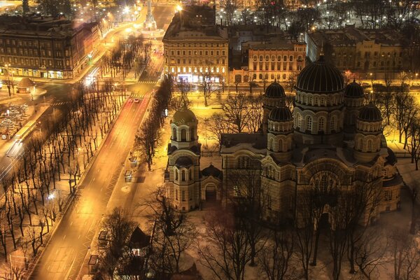 View of the night city flooded with lights