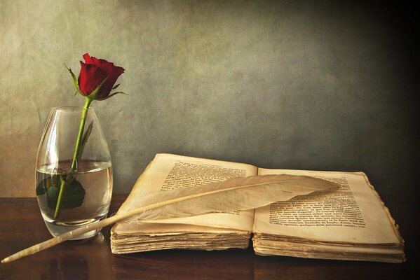 A yellowed book with a pen. Vakha with a red rose