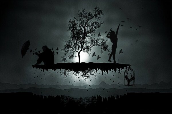 Dark silhouettes of men and women in nature