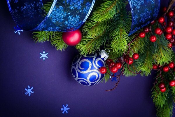 Christmas decorations on the branches of a fir tree