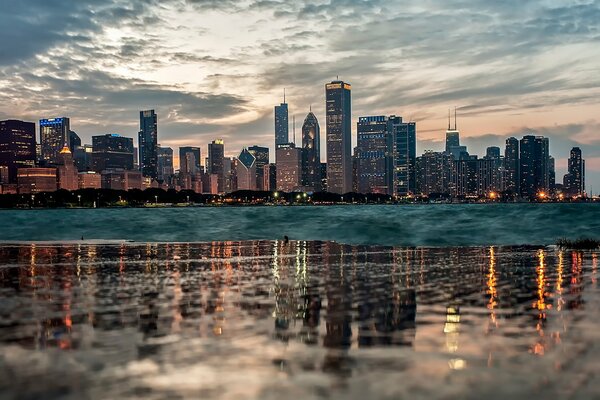 View of the evening Chicago under the beautiful sky