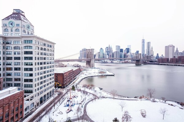 America, new york, skyscrapers, bridge, snow, winter