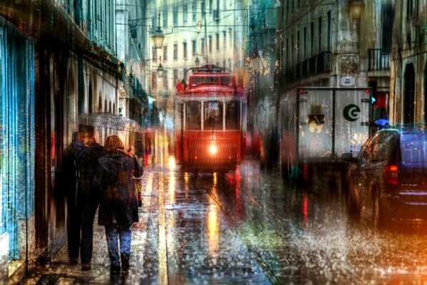 Lissabons Straße im Regen