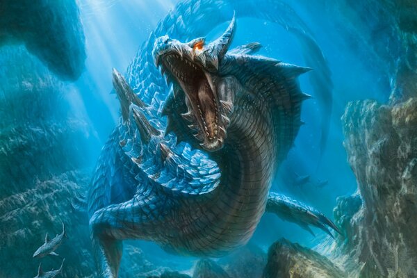 Underwater dragon with an open mouth