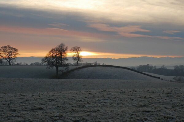 Paesaggio invernale con tramonto sul campo