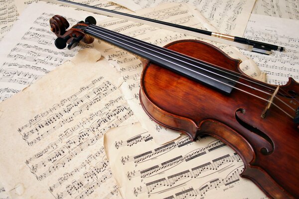 Violin and bow lying on the notes