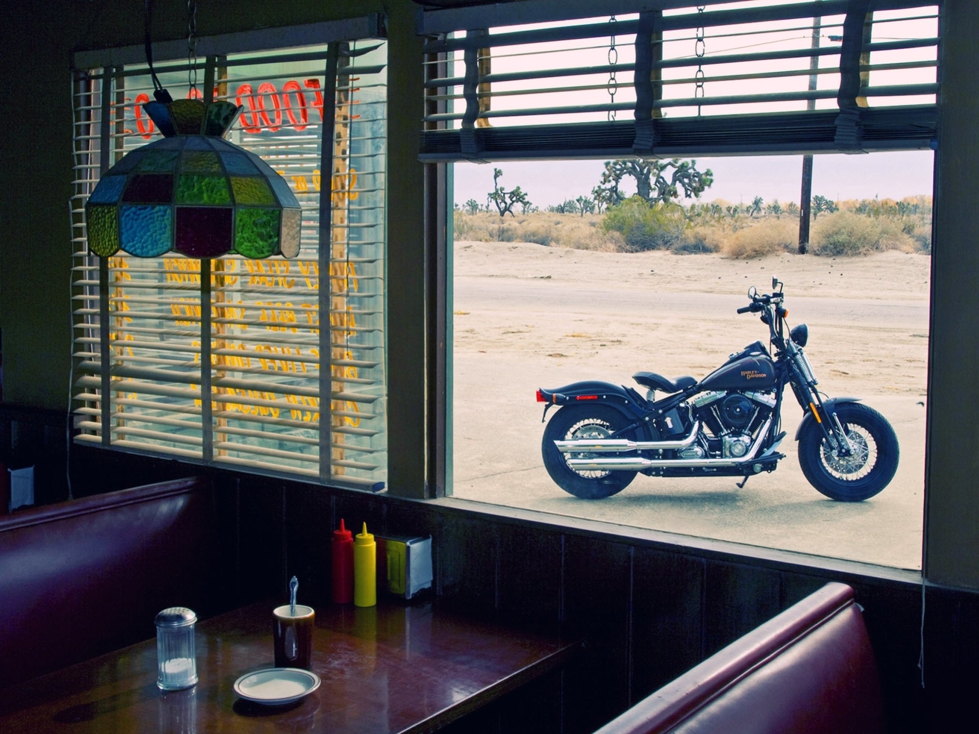 chandelier views window cafe harley-davidson table