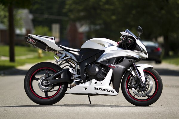 A Honda motorcycle stands on the asphalt on the running board