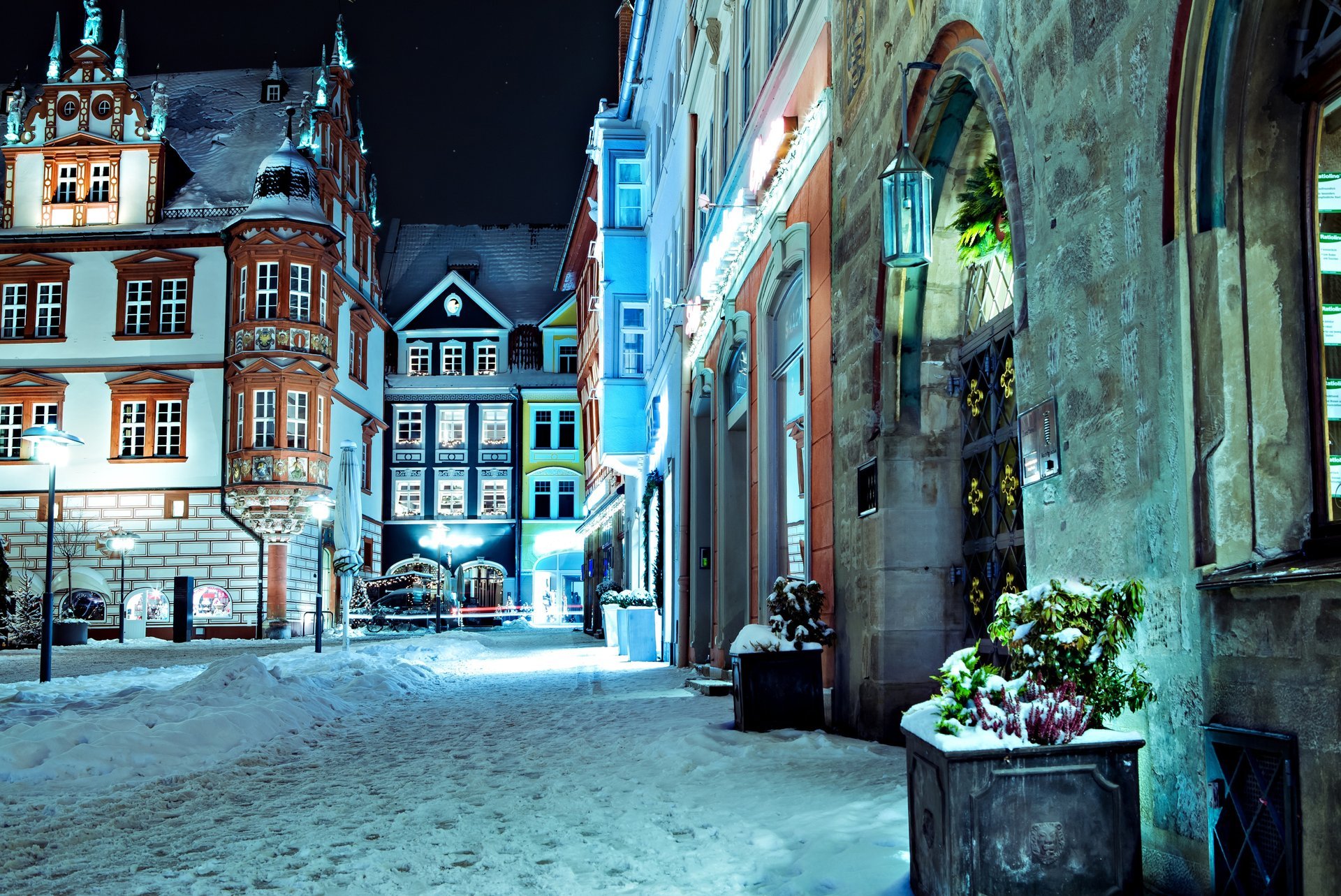 allemagne nuit rue maisons bâtiments route neige éclairage lumières hiver