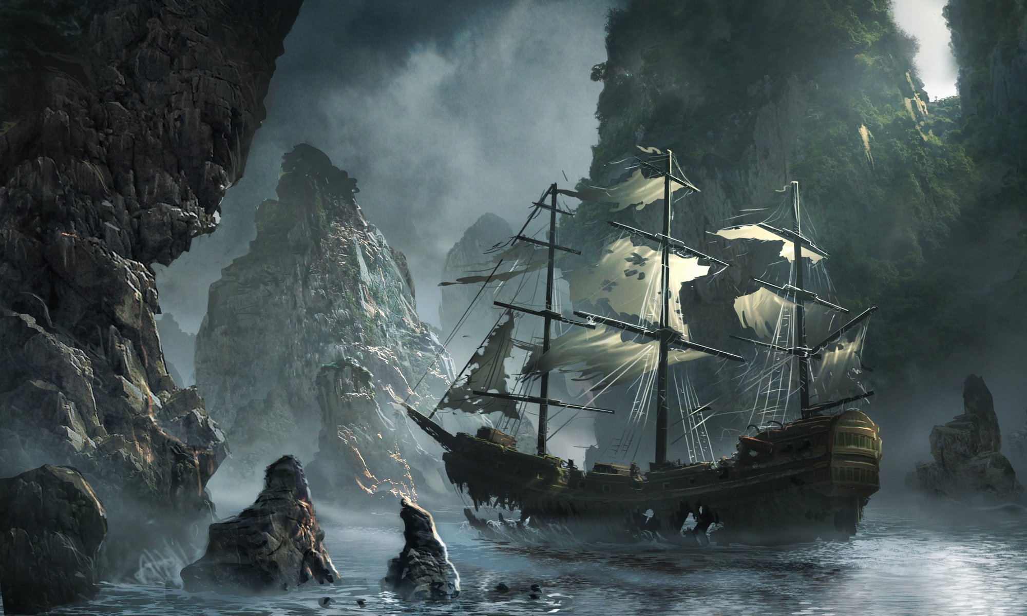 the flying dutchman ghost ship approaching matchack michal matczak storm art rocks sea schiff ghost