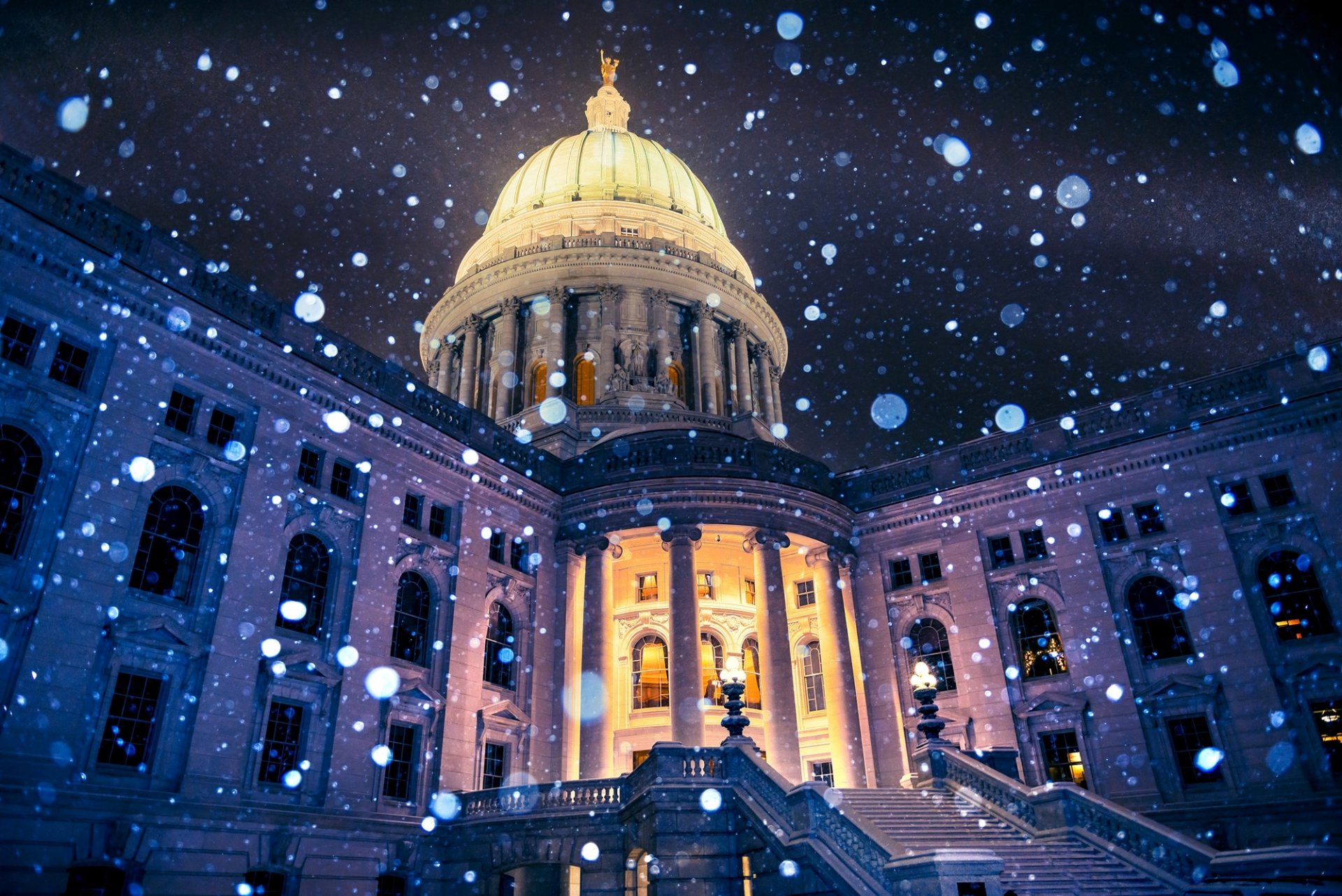 madison wisconsin vereinigte staaten von amerika usa madison stadt nacht kapitol gebäude lichter licht winter schneeflocken bokeh