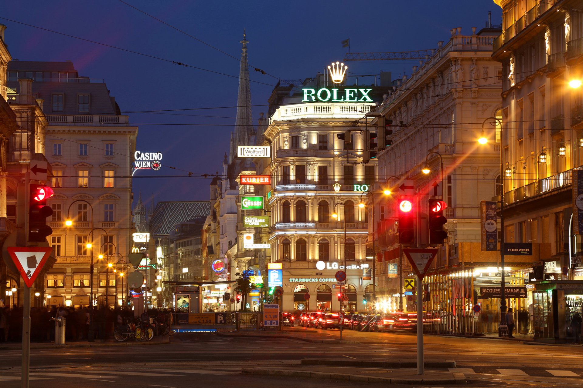 wien österreich kärntner straße stadt nacht straße lichter straße ampel gebäude geschäfte café