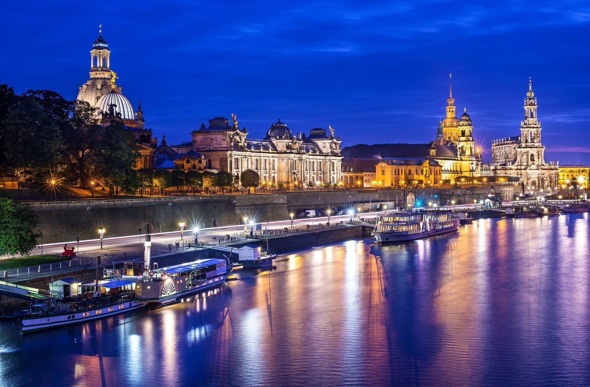 germany dresden altstadt city night lights river elbe water reflection light buildings architecture marina boat