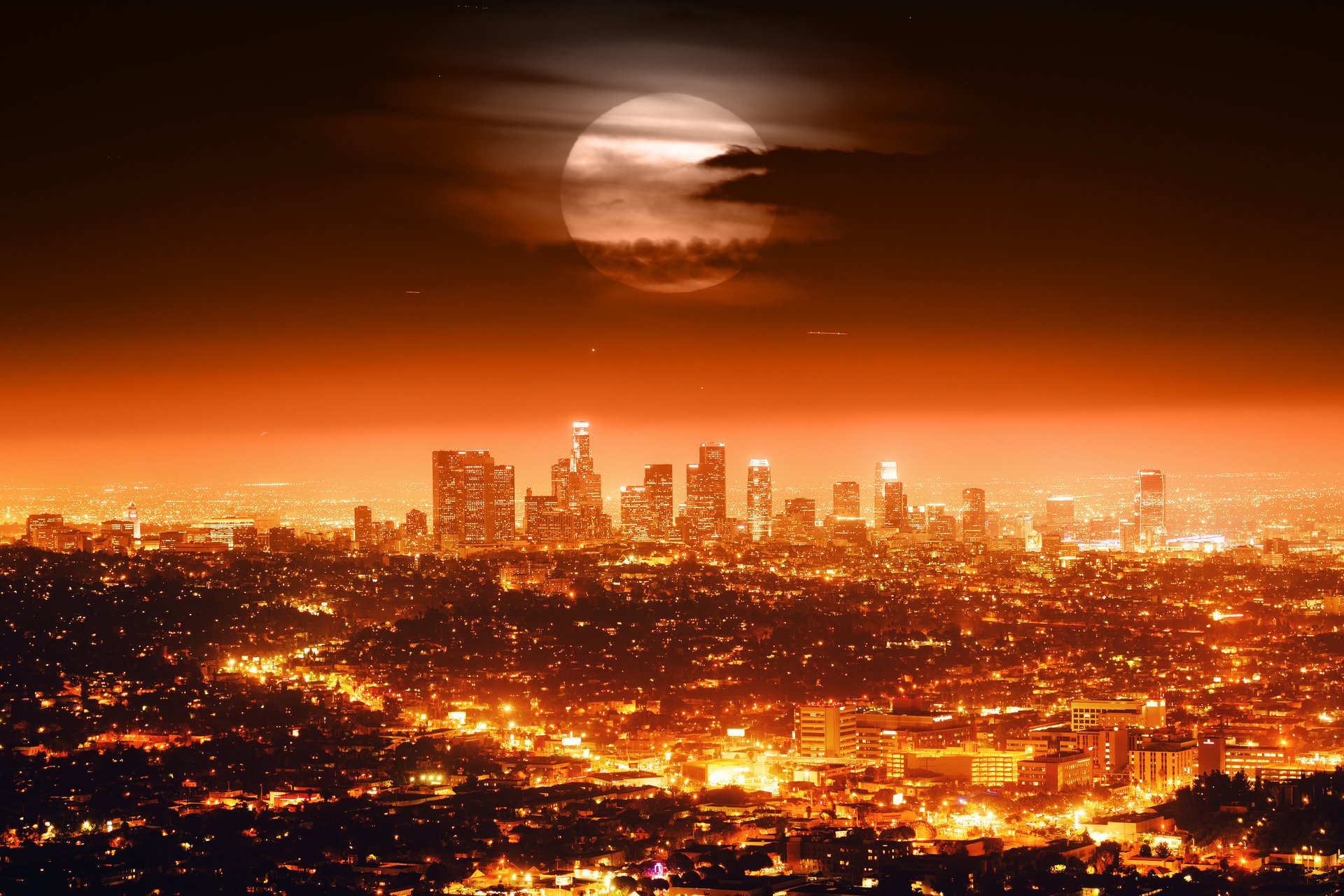 vollmond usa los angeles skyline nacht stadt lichter stadtlandschaften horizont lichter himmel wolken