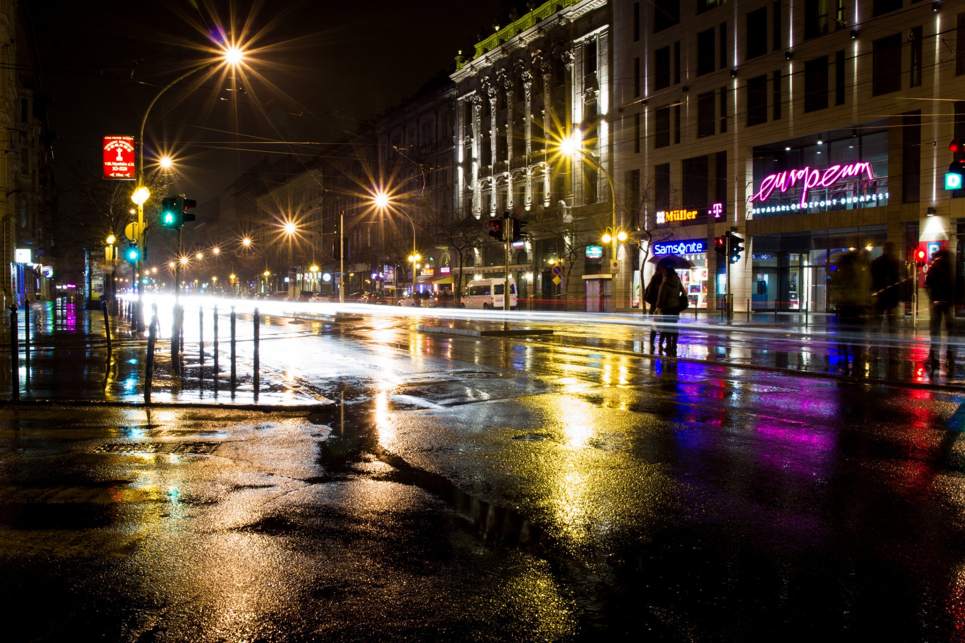 budapest control de plagas magyaror hungría ciudad noche edificios tiendas señalización carretera exposición luces asfalto charcos linternas iluminación personas