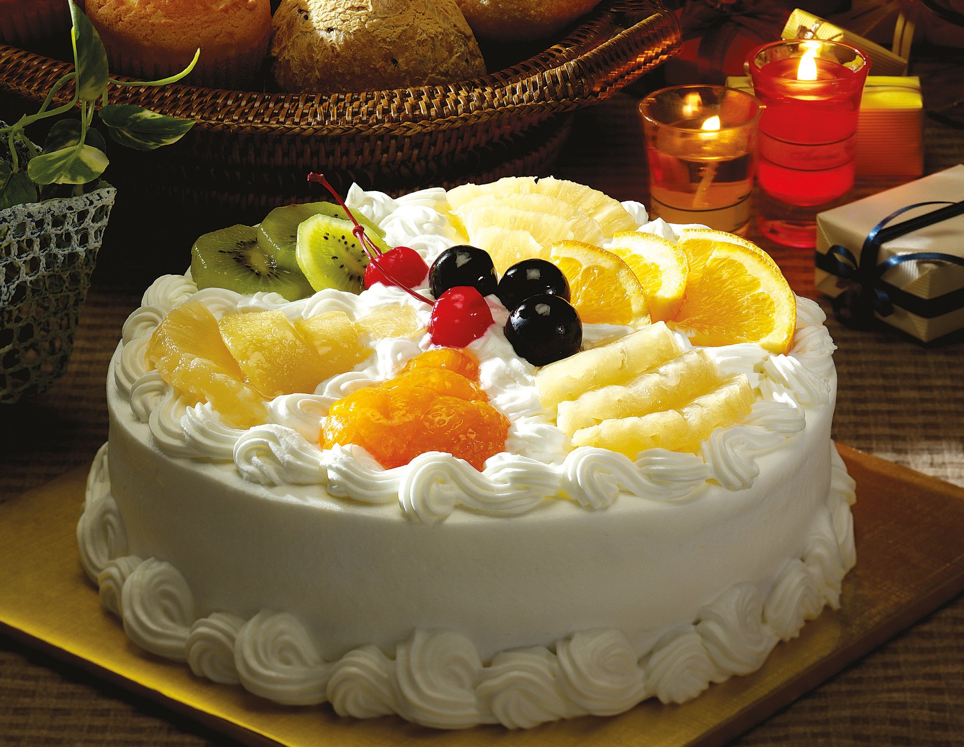 cake dessert table cream basket fruit cherry