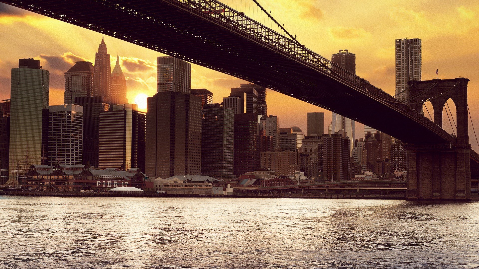 new york tramonto ponte di brooklyn sole edifici