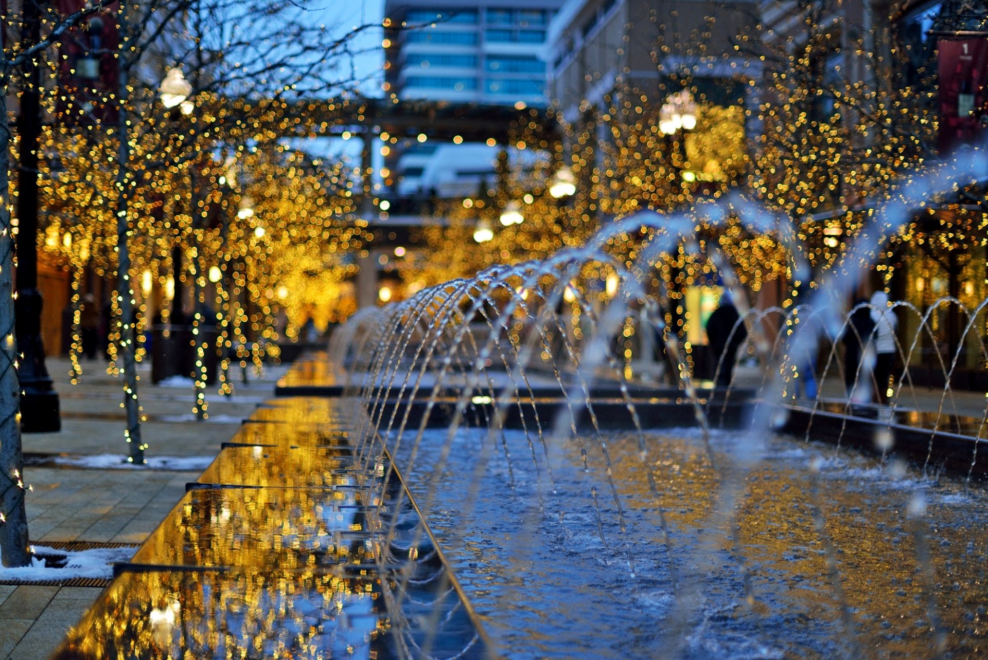 utah vereinigte staaten usa stadt creek center stadt abend brunnen bäume girlanden bokeh lichter gebäude winter feiertage