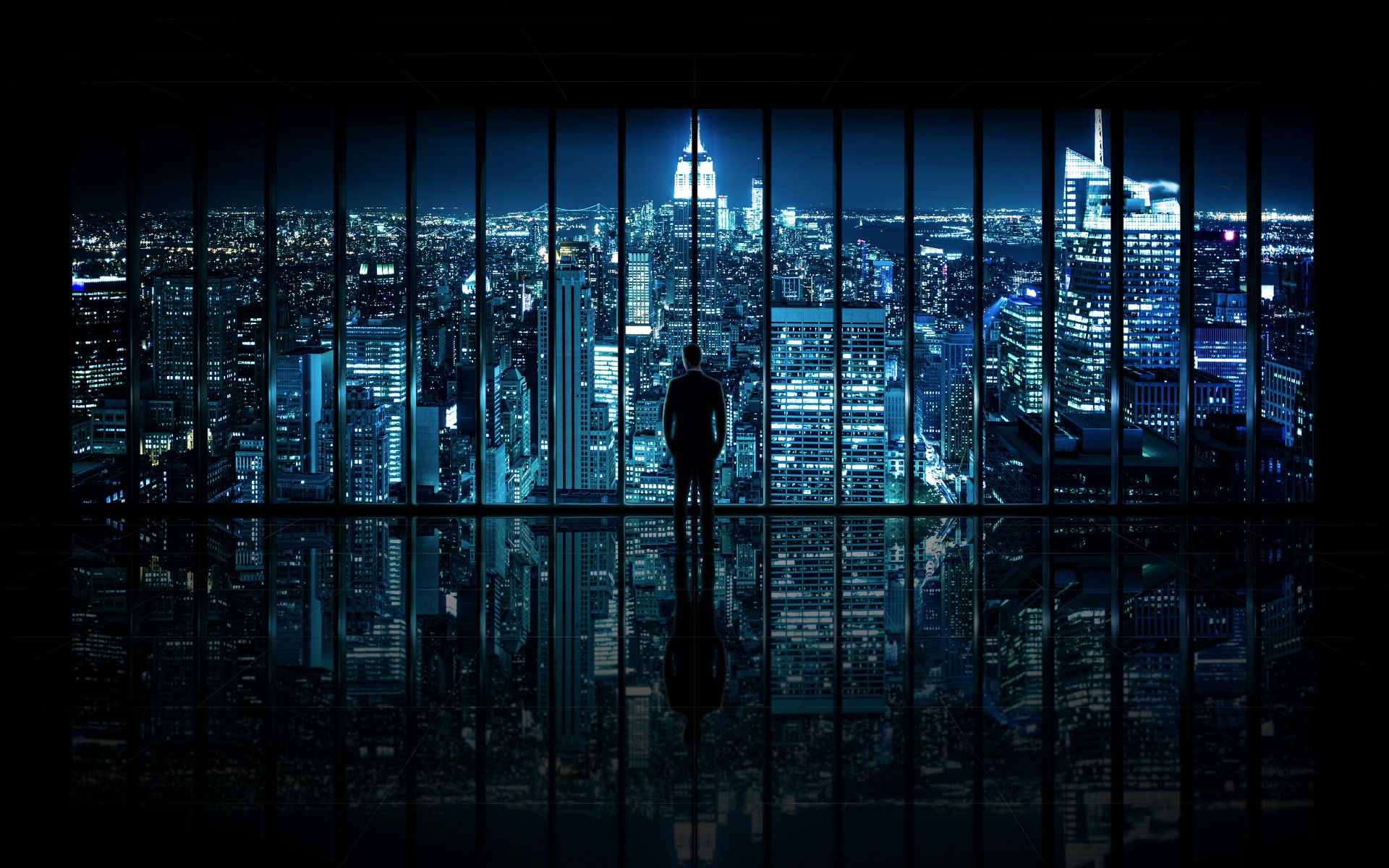 the dark knight window to gotham city new york city town night window views men