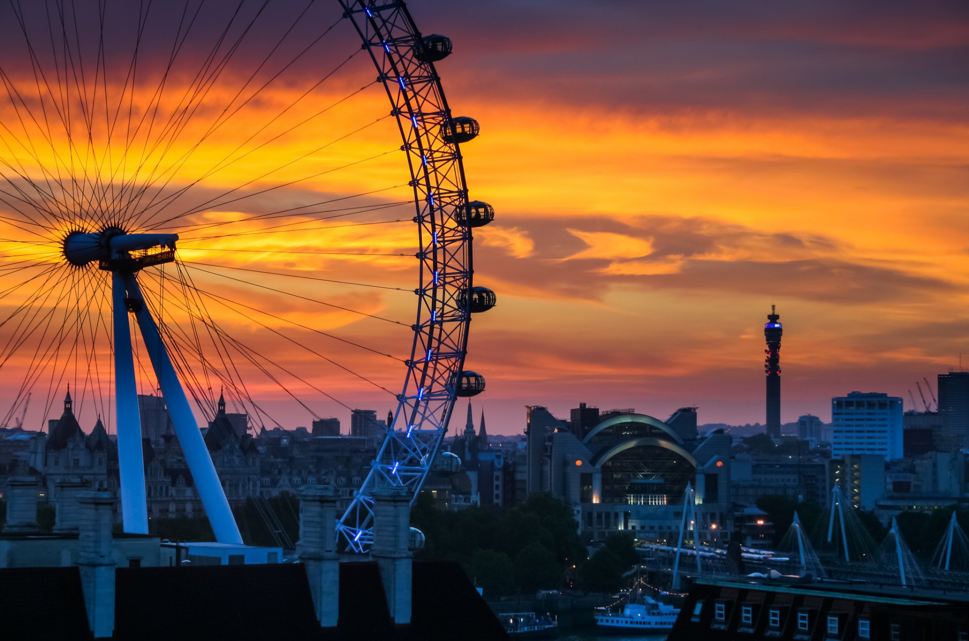 south bank london england gb riesenrad sonnenuntergang stadt häuser