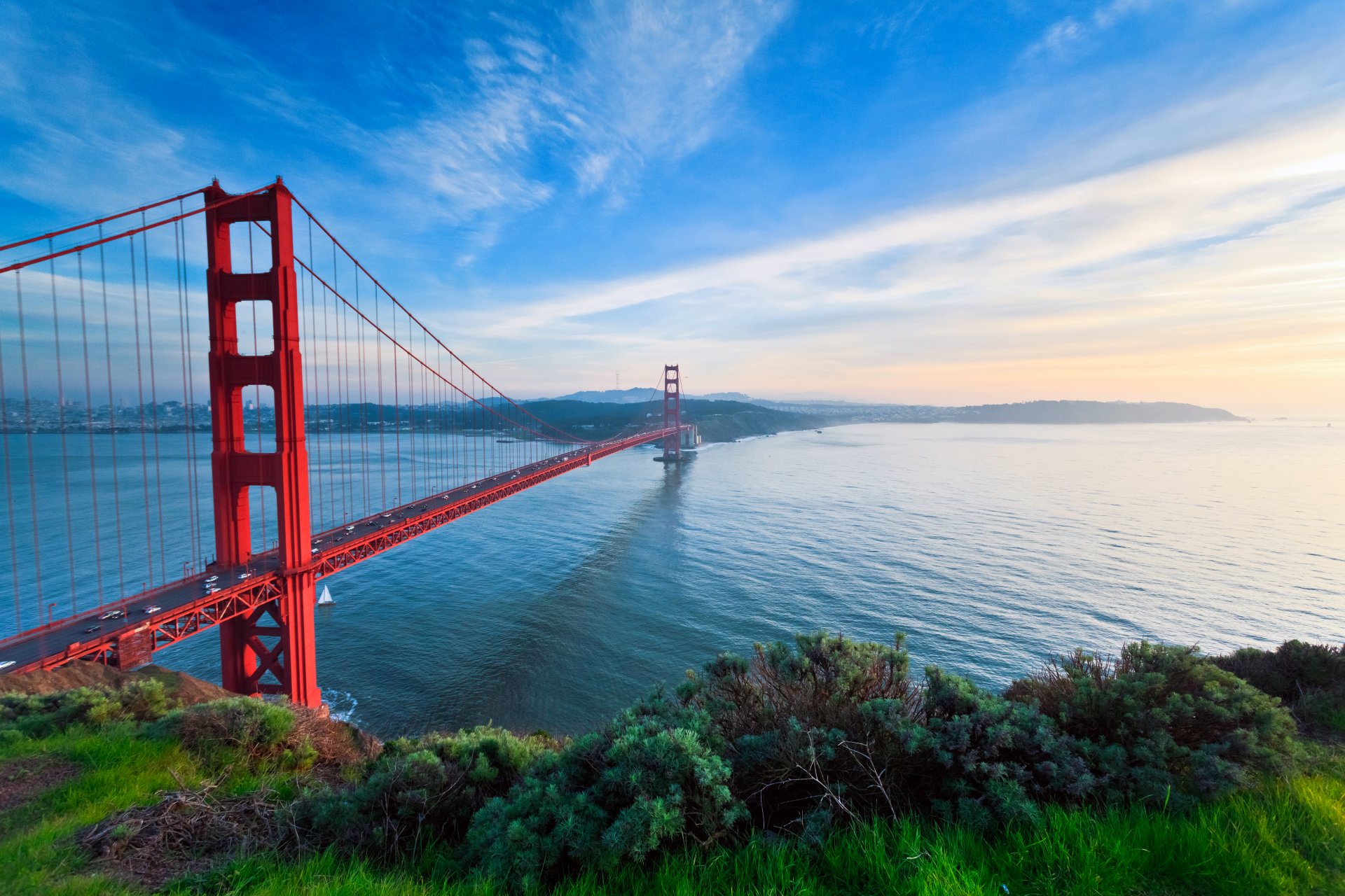 an francisco golden gate bridge golden gate california usa city sky bridge road highway cars water bay grass tree