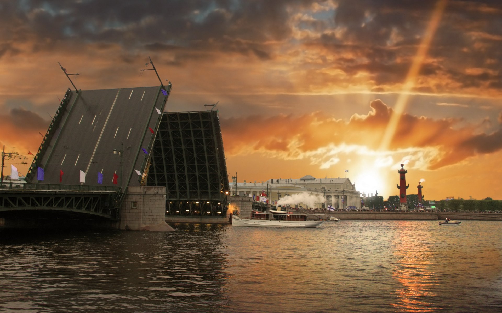 river town bridge sunset