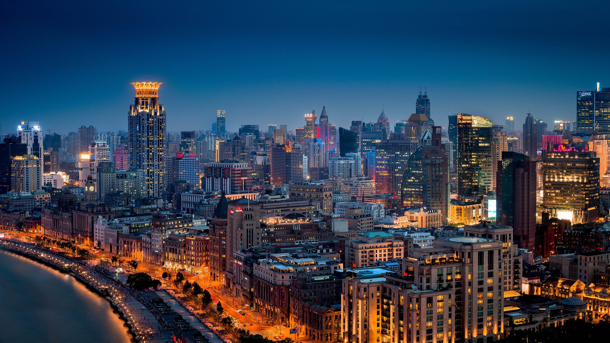 huangpu shanghai china ciudad de la noche edificios panorama terraplén