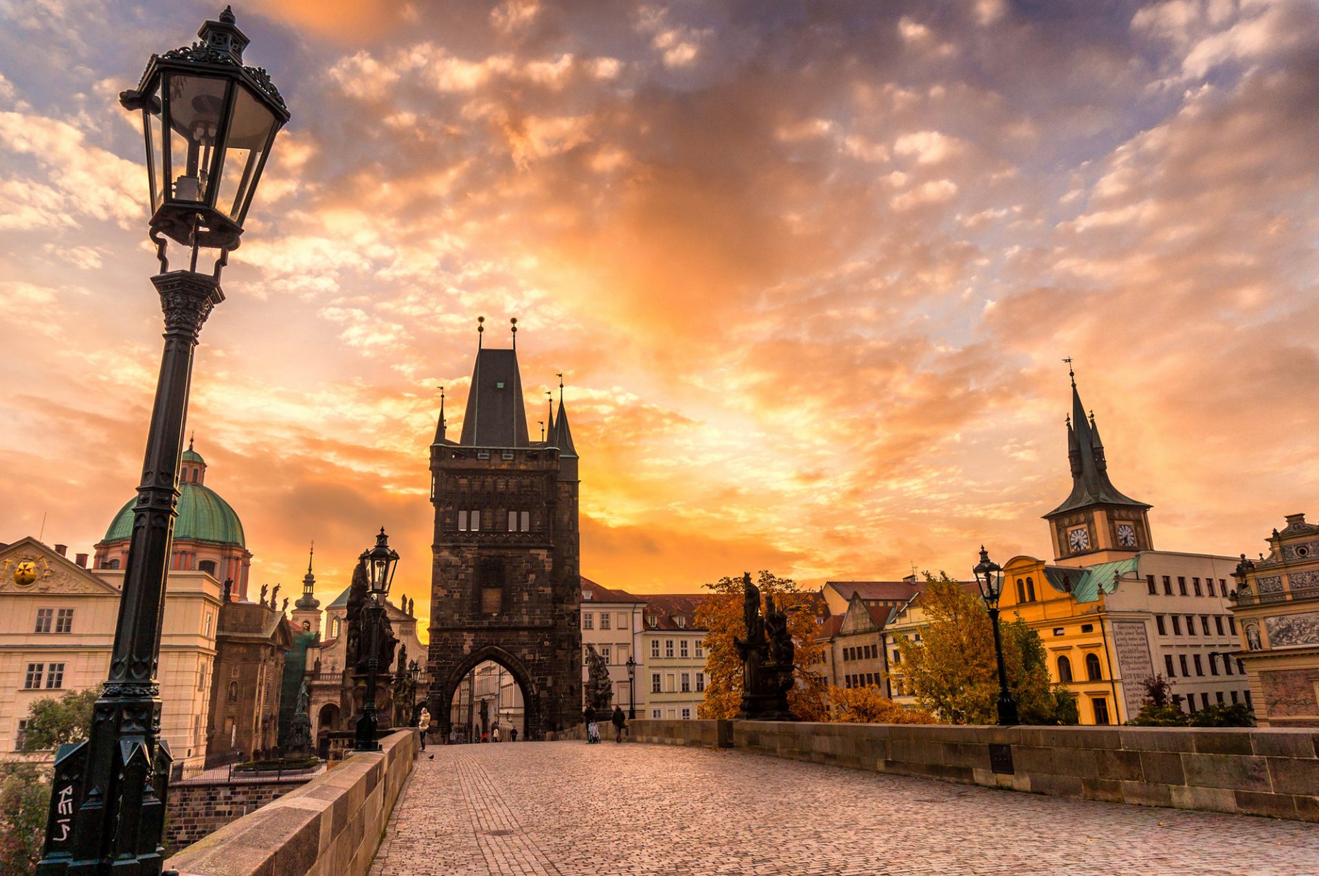 prague praha czech republic česká republika karlův most charles bridge town autumn architecture bridge paving sculpture sunset sky cloud