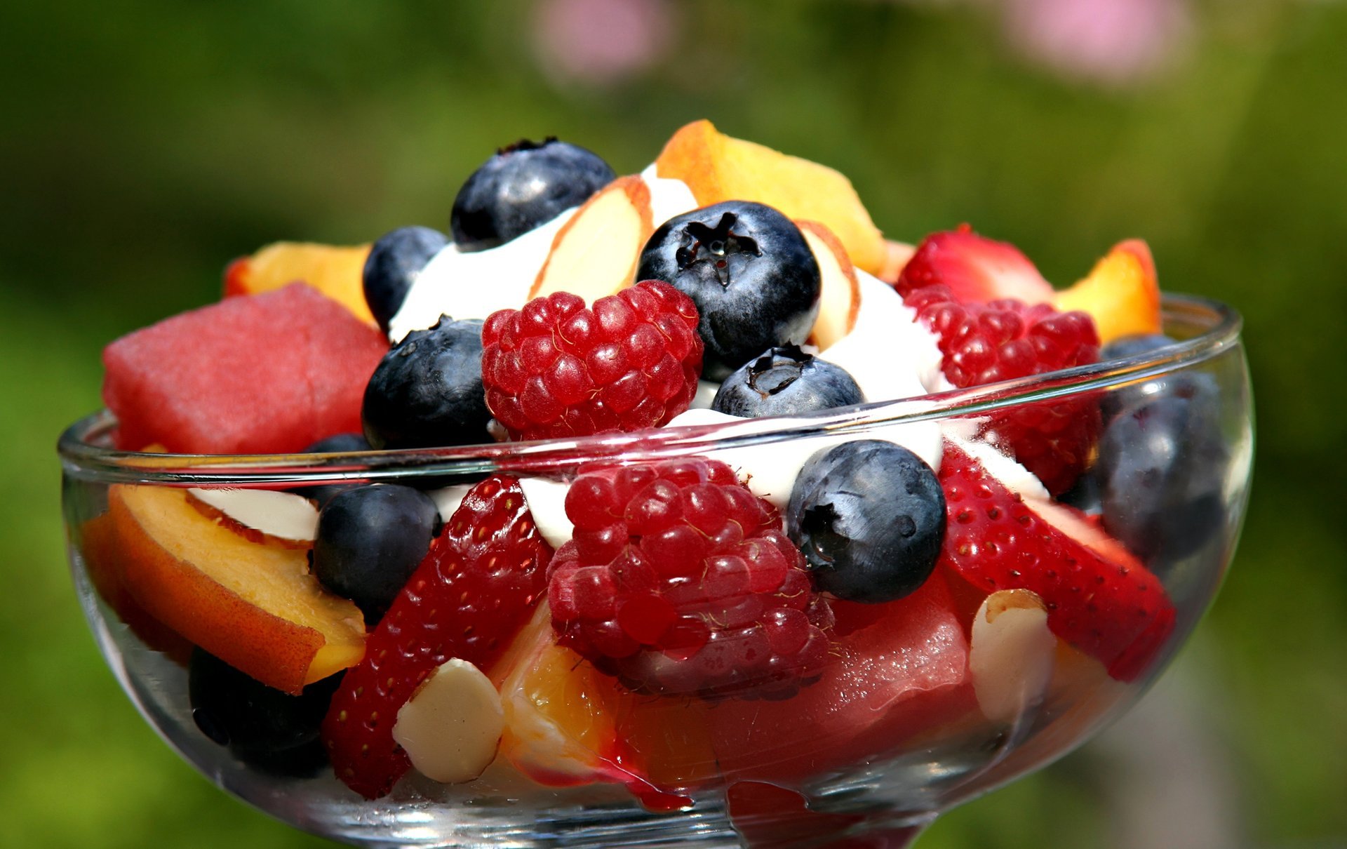 fruit berries salad blueberries peaches strawberry raspberry