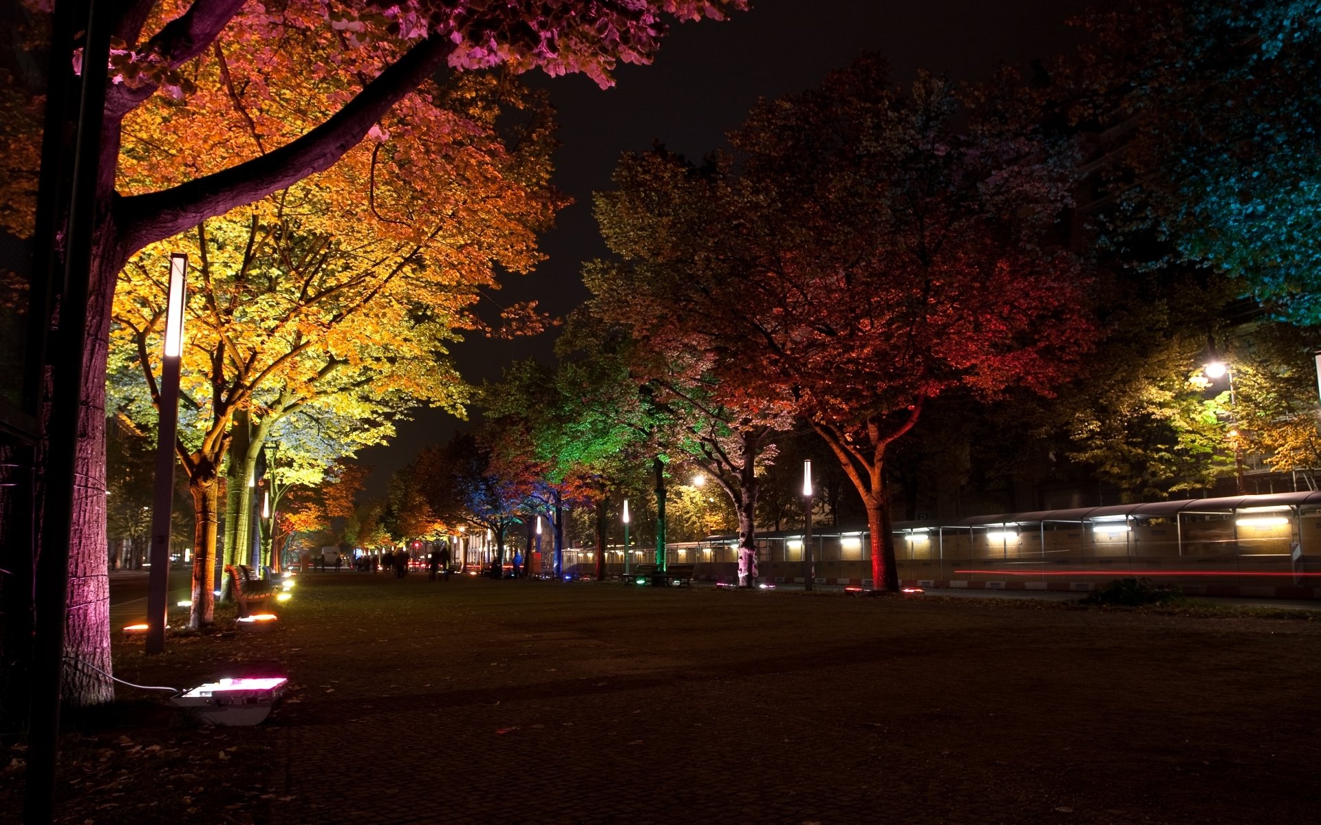 ville berlin allemagne festival lumière nuit rue allée arbres lampes lanternes rétro-éclairage éclairage