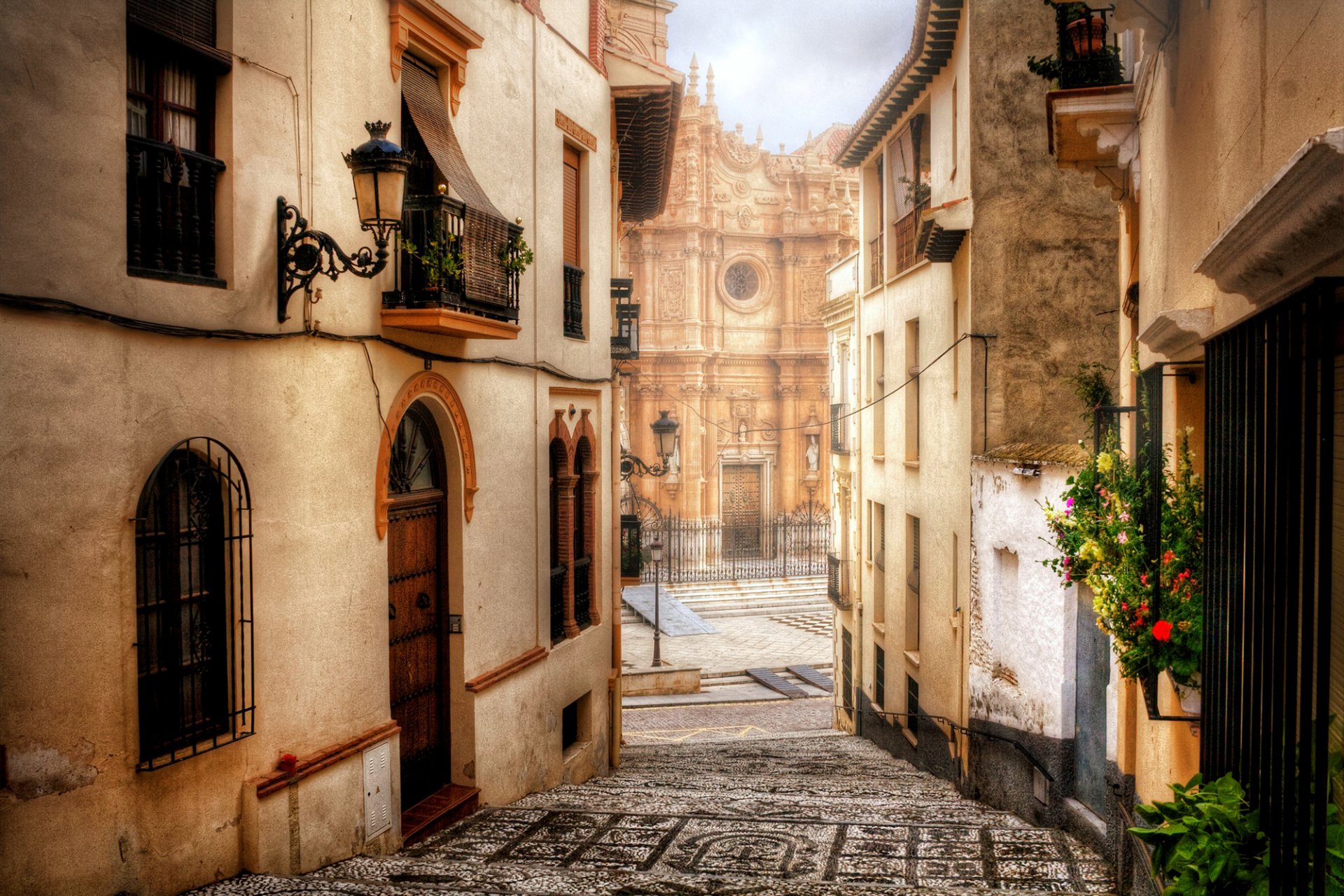 guadix cadiz spain town house buildings window doors cathedral street road