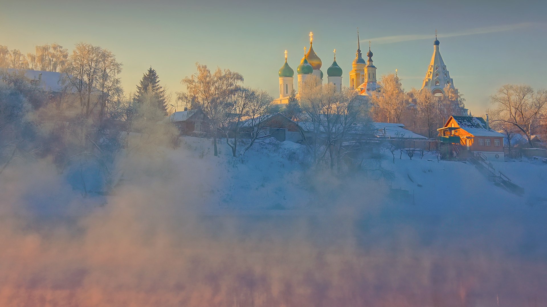 arquitectura árboles casas invierno kolomna monasterio escarcha cielo naturaleza amanecer río old kolomna templo iglesia