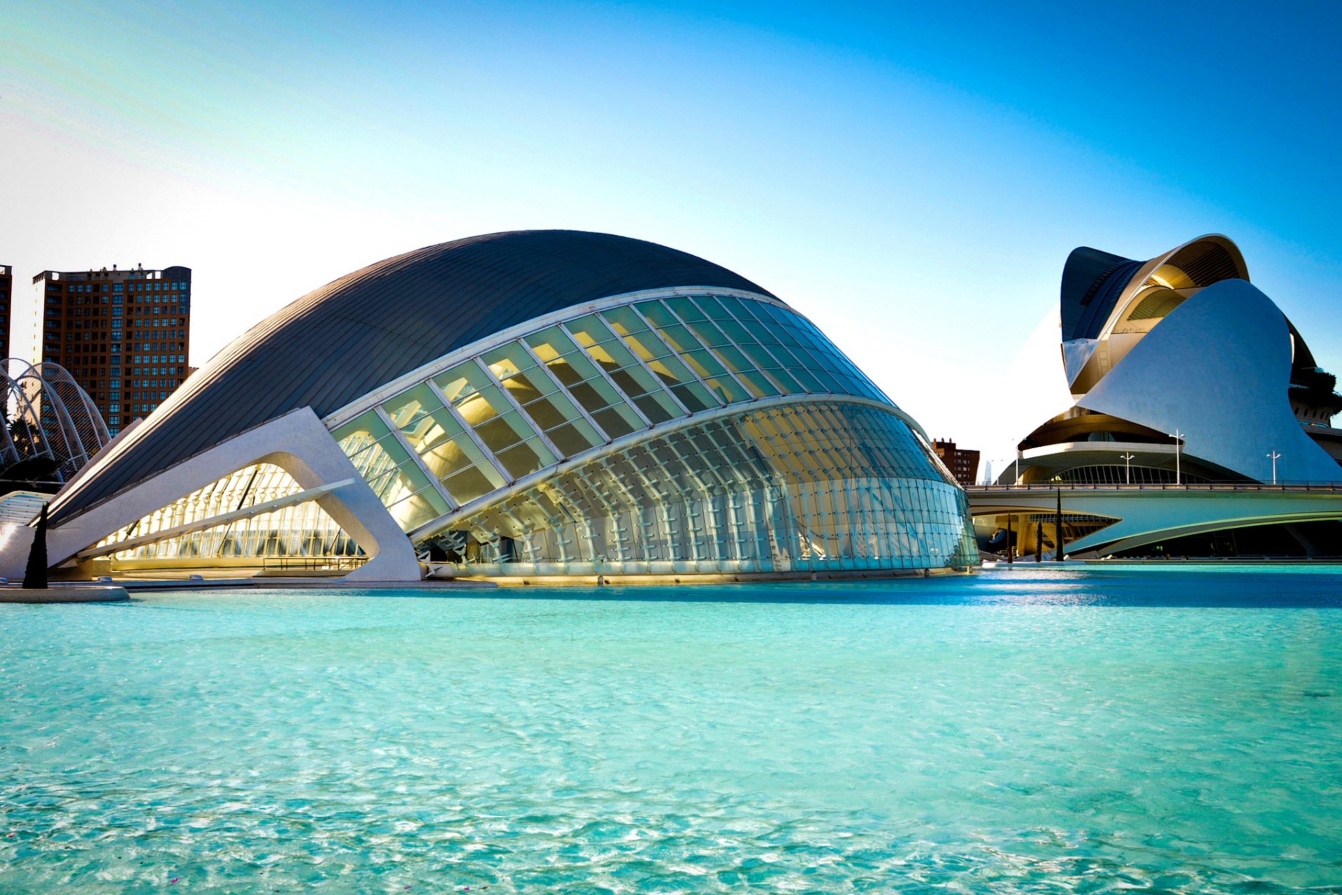 españa valencia l hemisfèric ciudad de las artes y las ciencias ciudad edificio arquitectura río agua azul puente