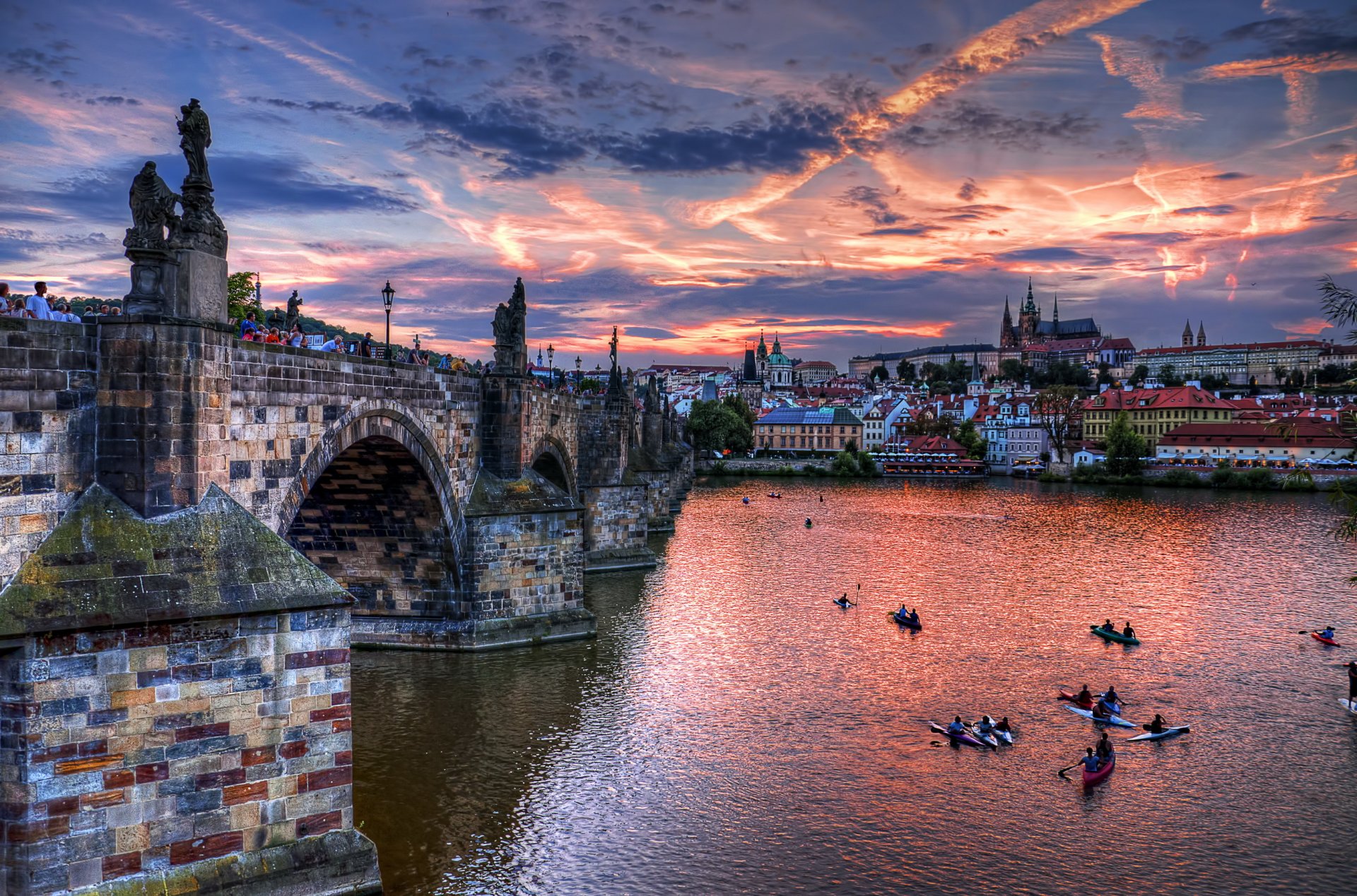 czech republic prage czech republic prague bridge river city evening architecture houses clouds clouds