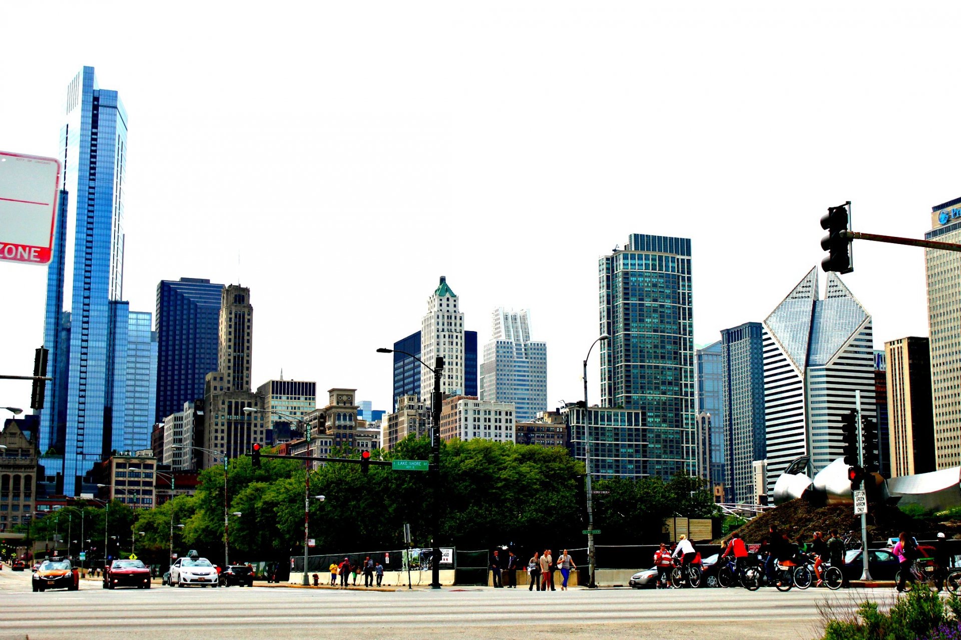 centrum illinois chicago usa ameryka budynki drapacze chmur niebo wieżowce maszyny ulica ludzie ruch