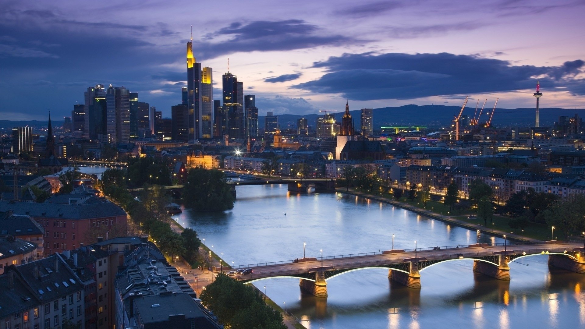 ville frankfurt rues ponts soirée maisons rivière gratte-ciel