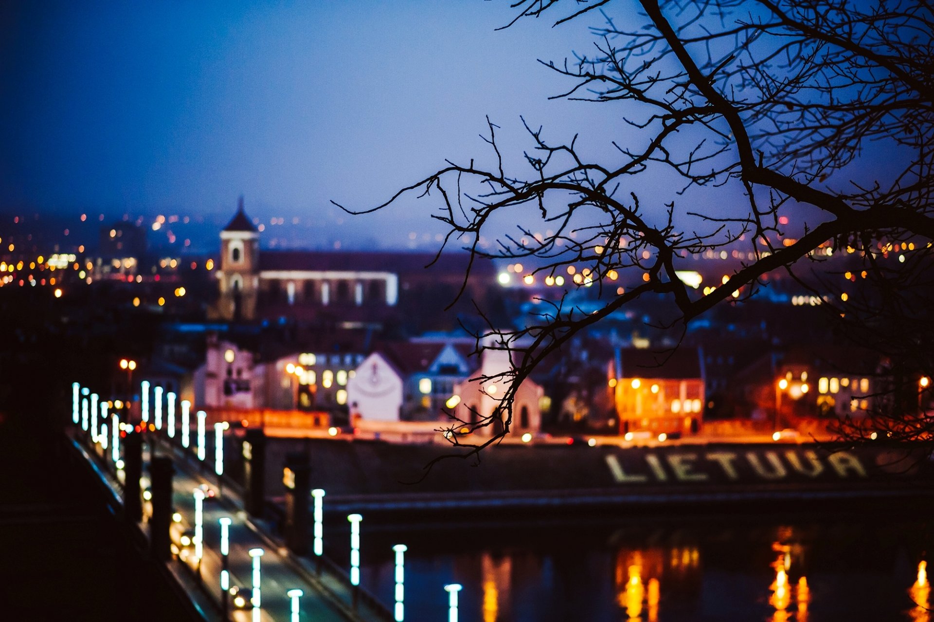 kaunas lietuva litauen stadt nacht brücke straße lichter ast bäume baum unschärfe