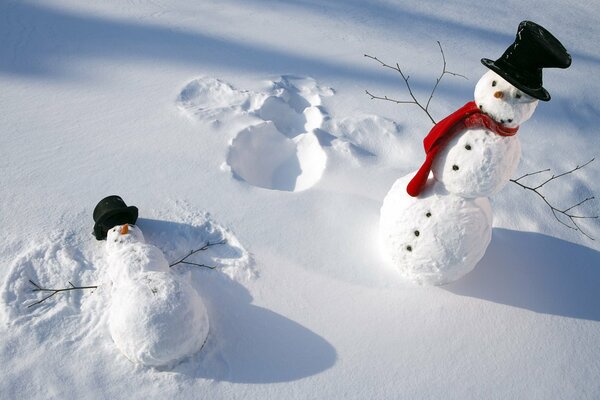 Beautiful winter time, snowmen made of snow