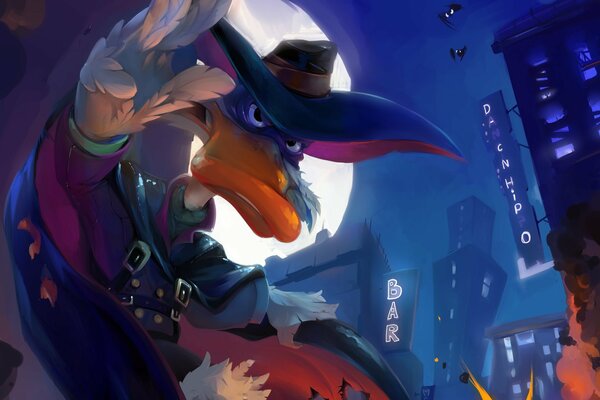 Darkwing duck duck on the background of the moon and the black city