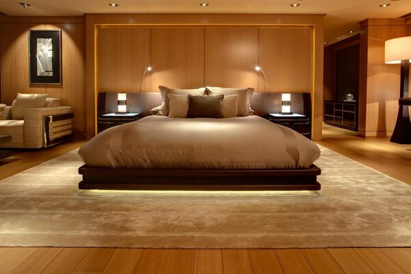 Bedroom in wooden tones with warm lighting